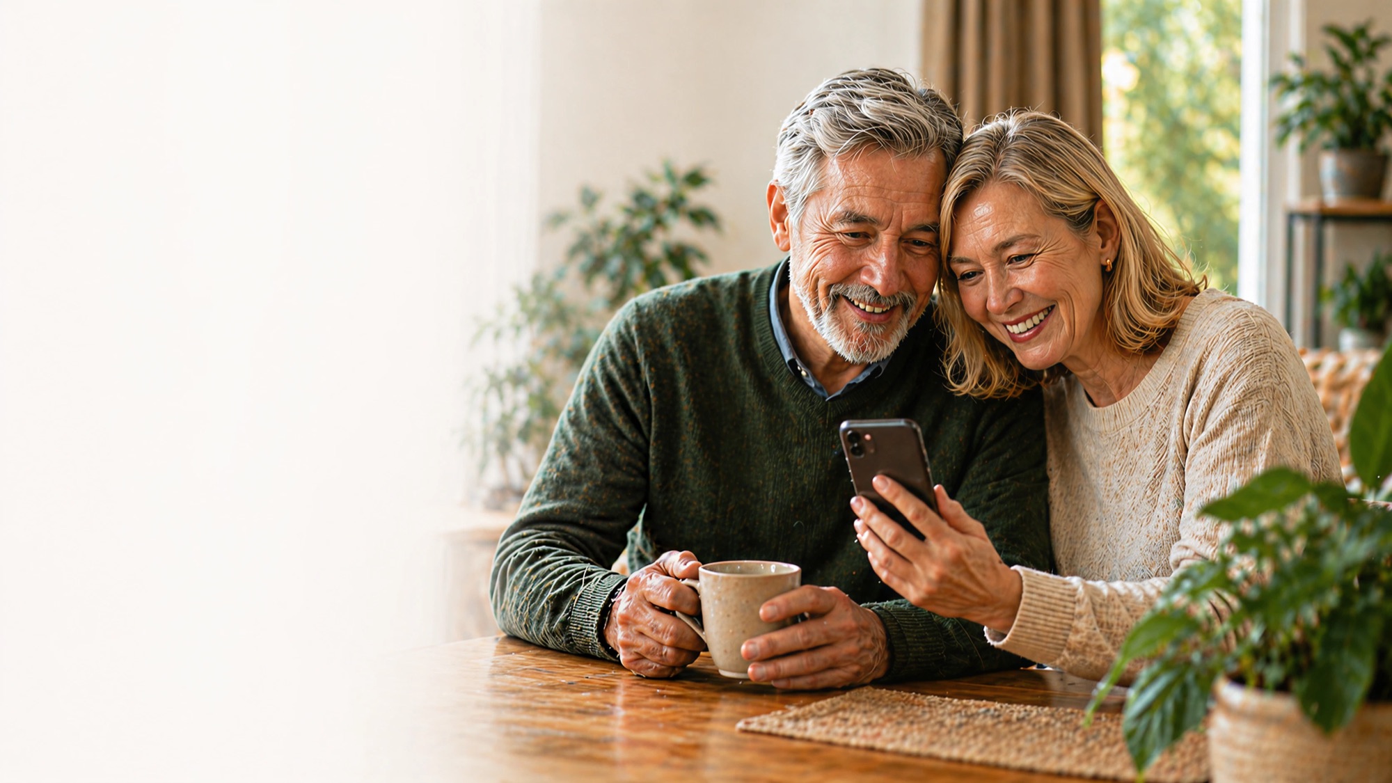 A senior man and woman smiling together while looking at a phone